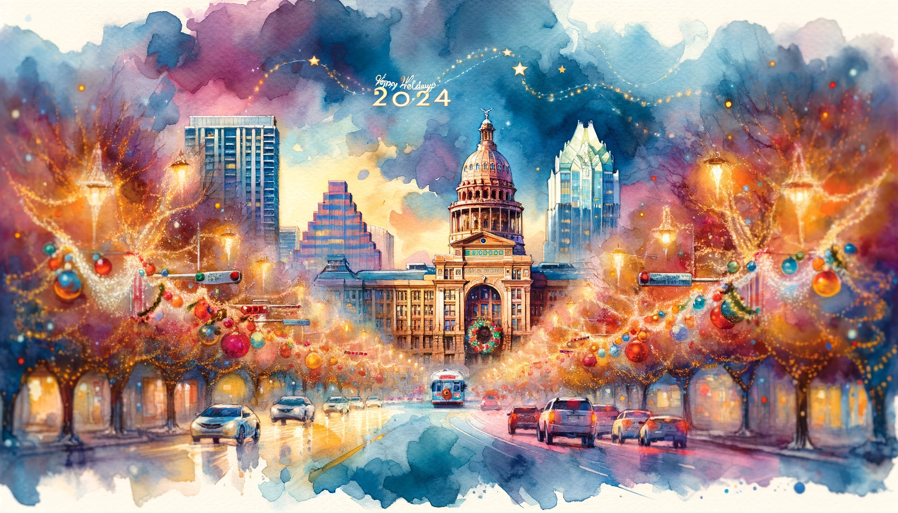 Holiday Wishes for You! DALL-E 3: Austin, Texas. Happy Holidays 2024 in watercolor, aspect ratio 3:2.