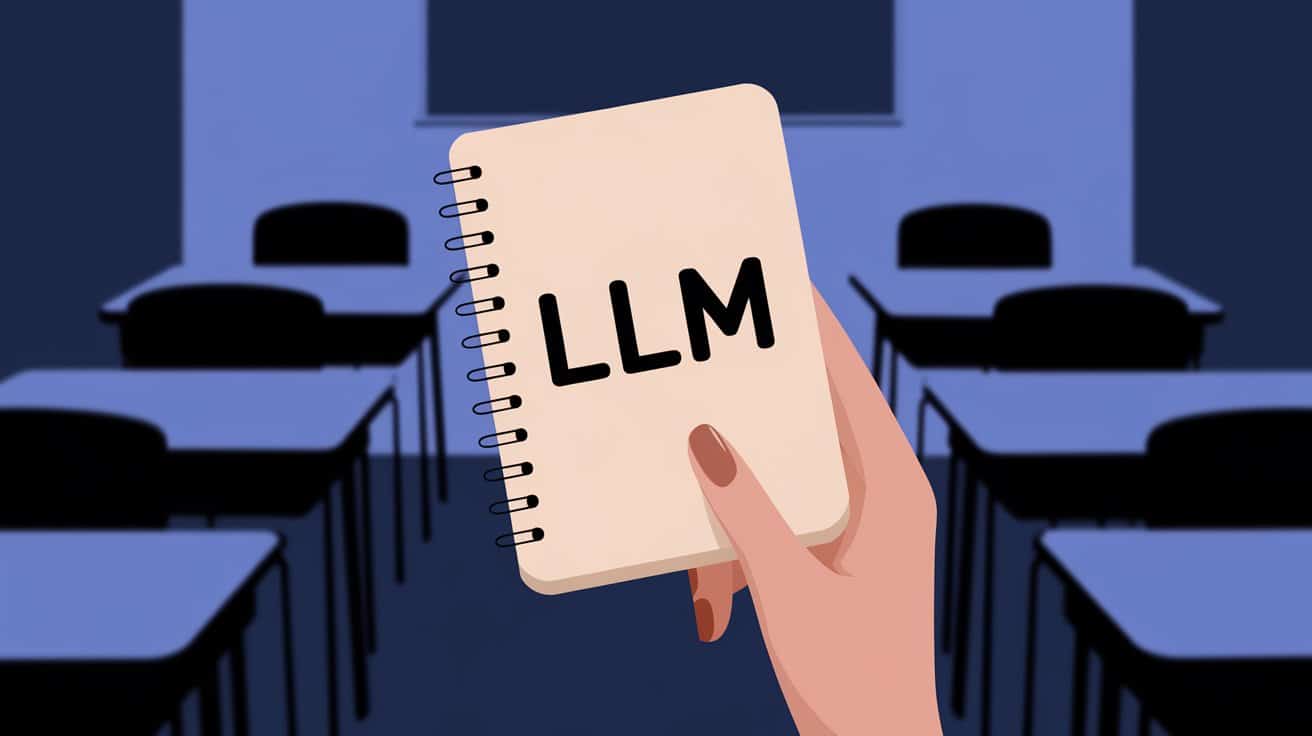 A female hand holding a notebook with words "LLM" on it.